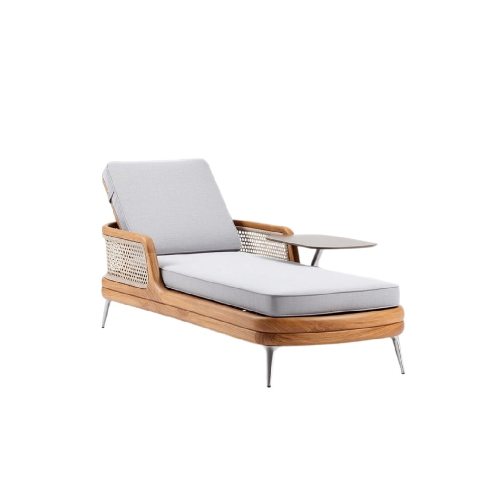 **Chaise longue en bois avec accoudoir et coussin gris**