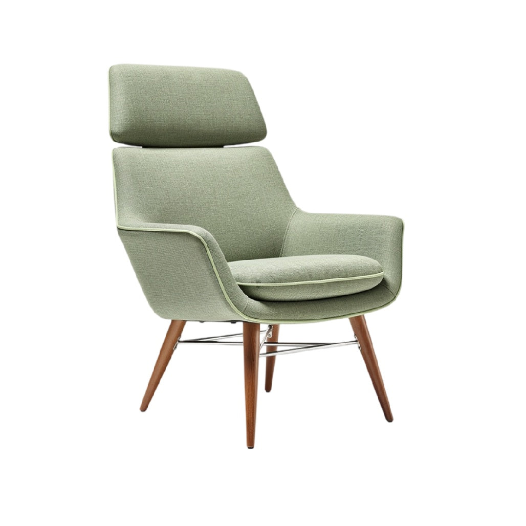 **Fauteuil ergonomique en tissu vert avec accoudoirs et piètement en bois**