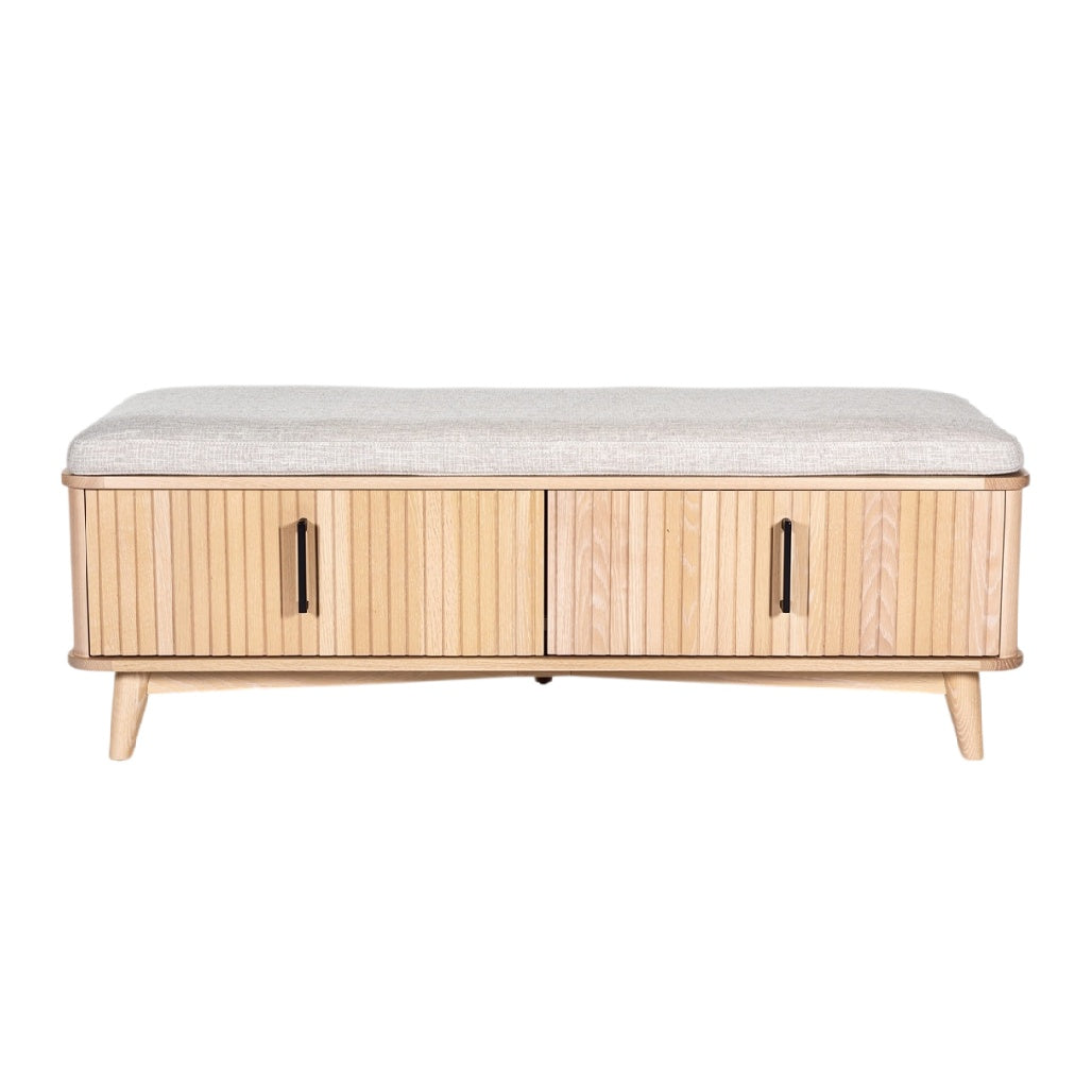 **Banc en bois avec rangement intégré et assise rembourrée**