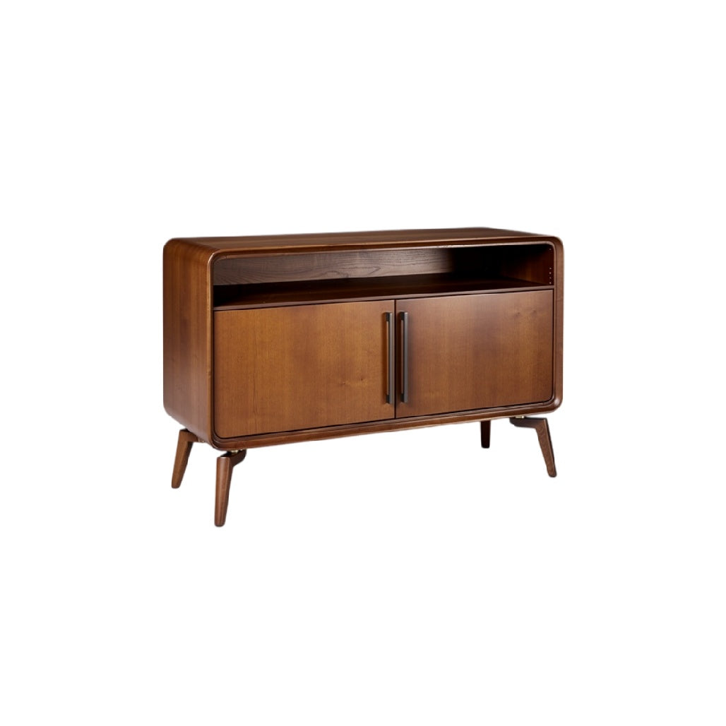 **Meuble TV en bois marron avec étagère et portes**